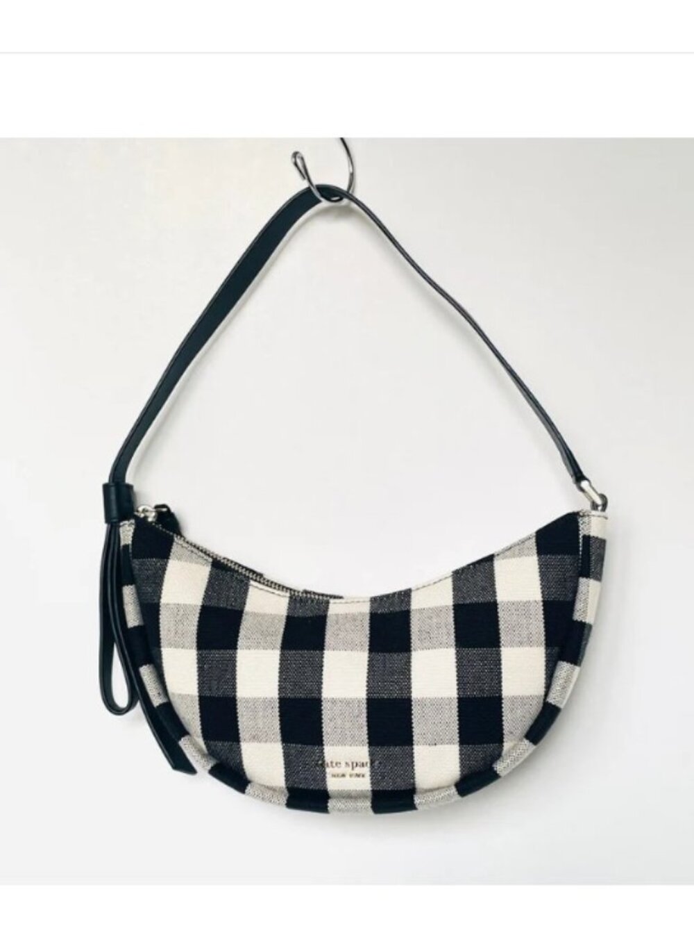 Kate Spade Smile Small Gingham Shoulder Bag Black Check Leather Trim